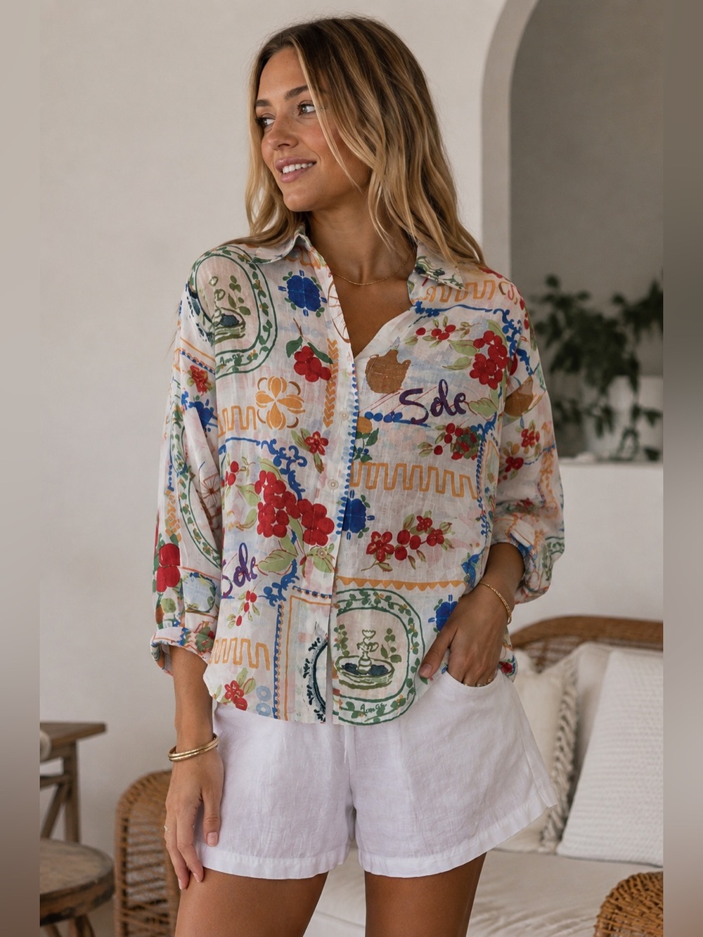 Rachel Zoe Mediterranean Print Cotton Button Down Shirt Size Small